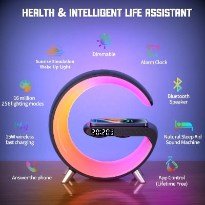 Picture of G63 Speaker Lamp - APP Control 3 in 1 Multi-Function Bluetooth Speaker With Wireless Charging, RGB Light and Alarm Clock - Charger G Lamp with Sunrise Alarm for Bedroom & Bedside Table