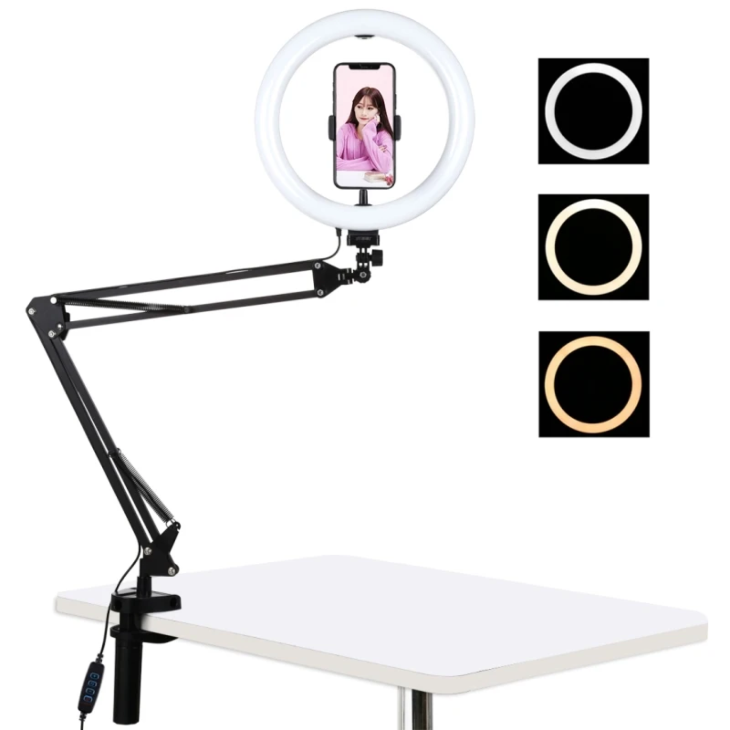 Picture of Overhead Video Stand with 10-inch Ring Light and Phone Holder for Drawing, Cooking, Facebook, and YouTube Live - Black