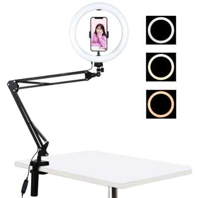 Picture of Overhead Video Stand with 10-inch Ring Light and Phone Holder for Drawing, Cooking, Facebook, and YouTube Live - Black