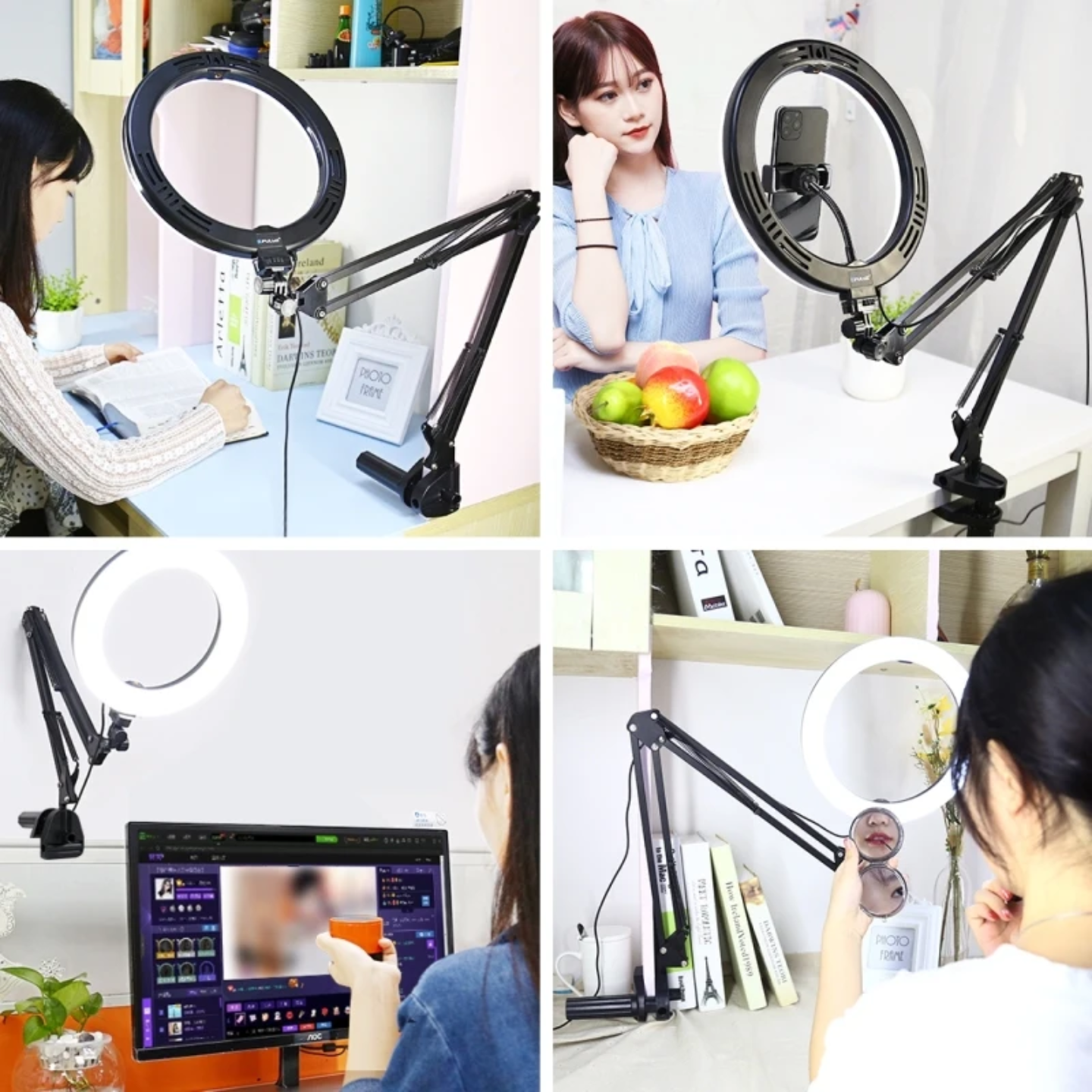 Picture of Overhead Video Stand with 10-inch Ring Light and Phone Holder for Drawing, Cooking, Facebook, and YouTube Live - Black