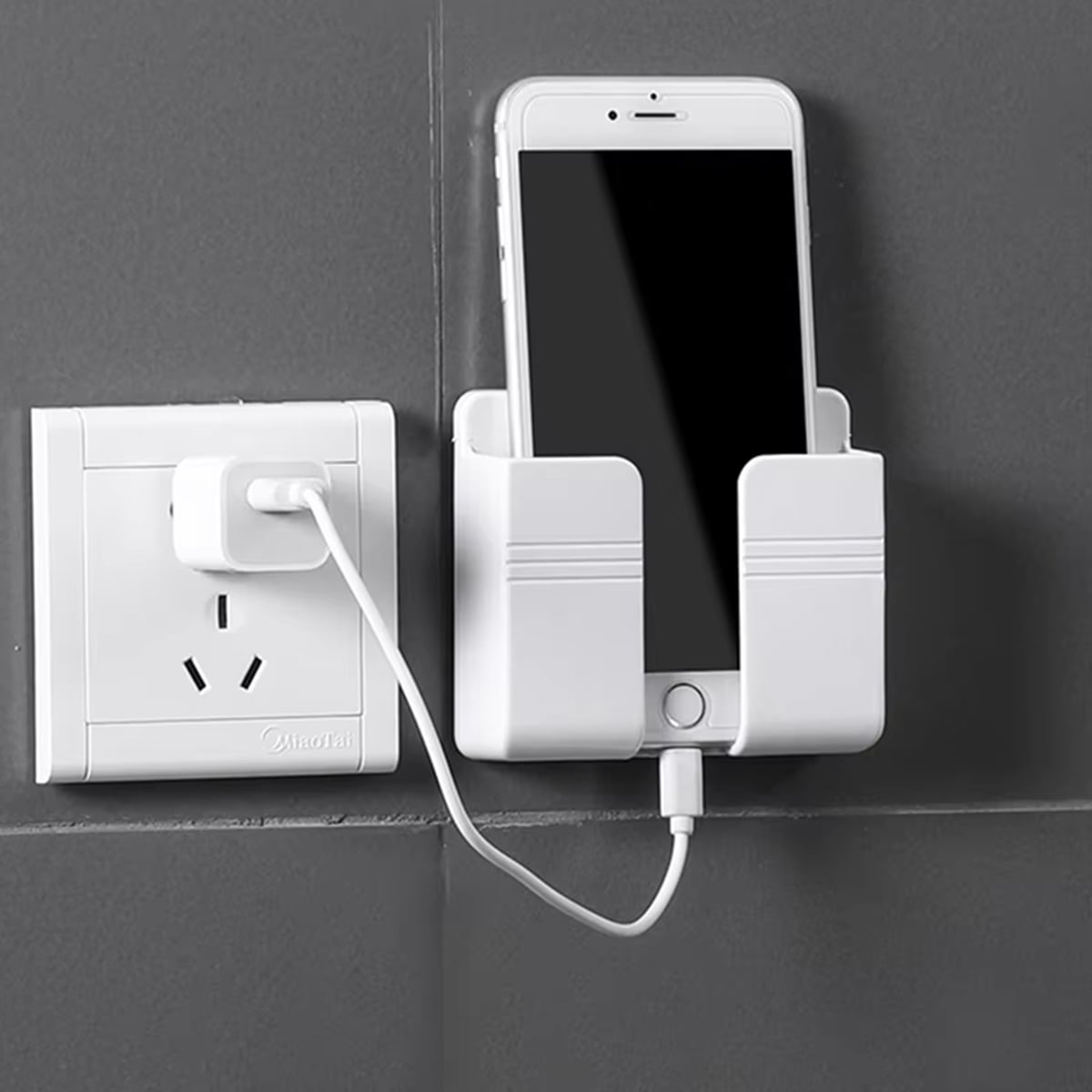 Picture of Mobile Phone Charging Hanging Holder Multifunction Wall Mounted Plug Bracket Remote Control Mounted Storage Box