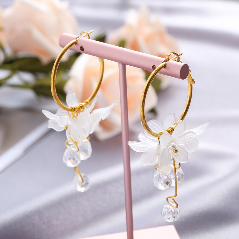 Picture of Trendy Acrylic Water Drop Women Dangle Earrings Crystal Flower Long Pendant Earrings For Women Drops Earrings
