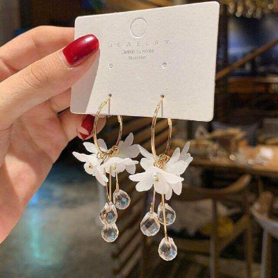 Picture of Trendy Acrylic Water Drop Women Dangle Earrings Crystal Flower Long Pendant Earrings For Women Drops Earrings