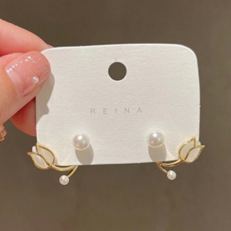 Picture of Dincior Korean Fashion Tulip Pearl Stud Earrings for Women Elegant Pink Flower Earring