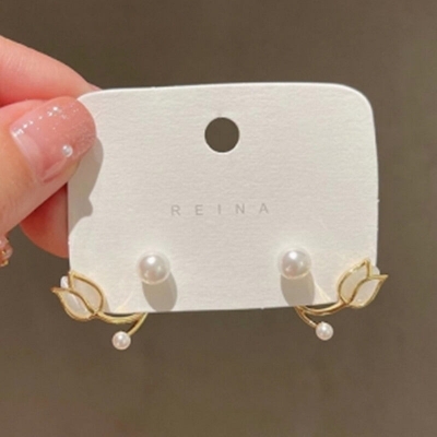 Picture of Dincior Korean Fashion Tulip Pearl Stud Earrings for Women Elegant Pink Flower Earring