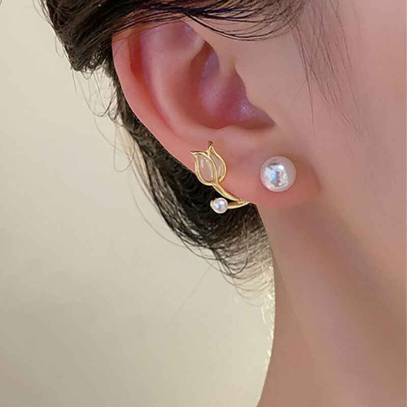 Picture of Dincior Korean Fashion Tulip Pearl Stud Earrings for Women Elegant Pink Flower Earring