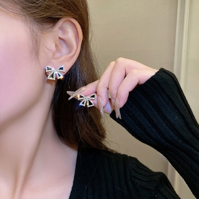 Picture of Black Tie Dangle Earrings for Women Full Rhinestone Earrings Korean Fashion Cute Jewelry FOR GIRLS AND WOMEN