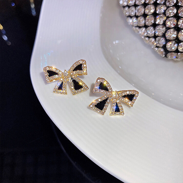 Picture of Black Tie Dangle Earrings for Women Full Rhinestone Earrings Korean Fashion Cute Jewelry FOR GIRLS AND WOMEN