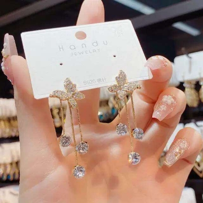 Picture of Ladies Long Tassel Earrings Korean Butterfly Rhinestone Earrings for girls and women