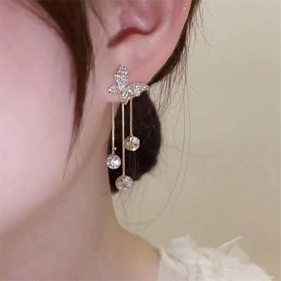 Picture of Ladies Long Tassel Earrings Korean Butterfly Rhinestone Earrings for girls and women