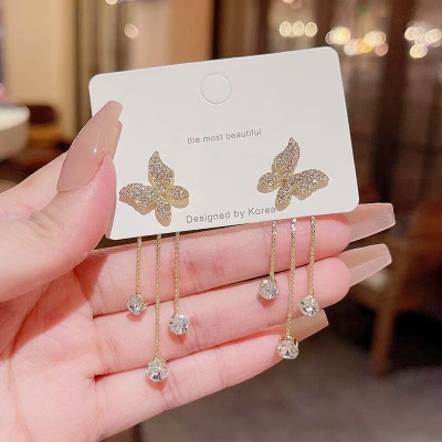 Picture of Ladies Long Tassel Earrings Korean Butterfly Rhinestone Earrings for girls and women