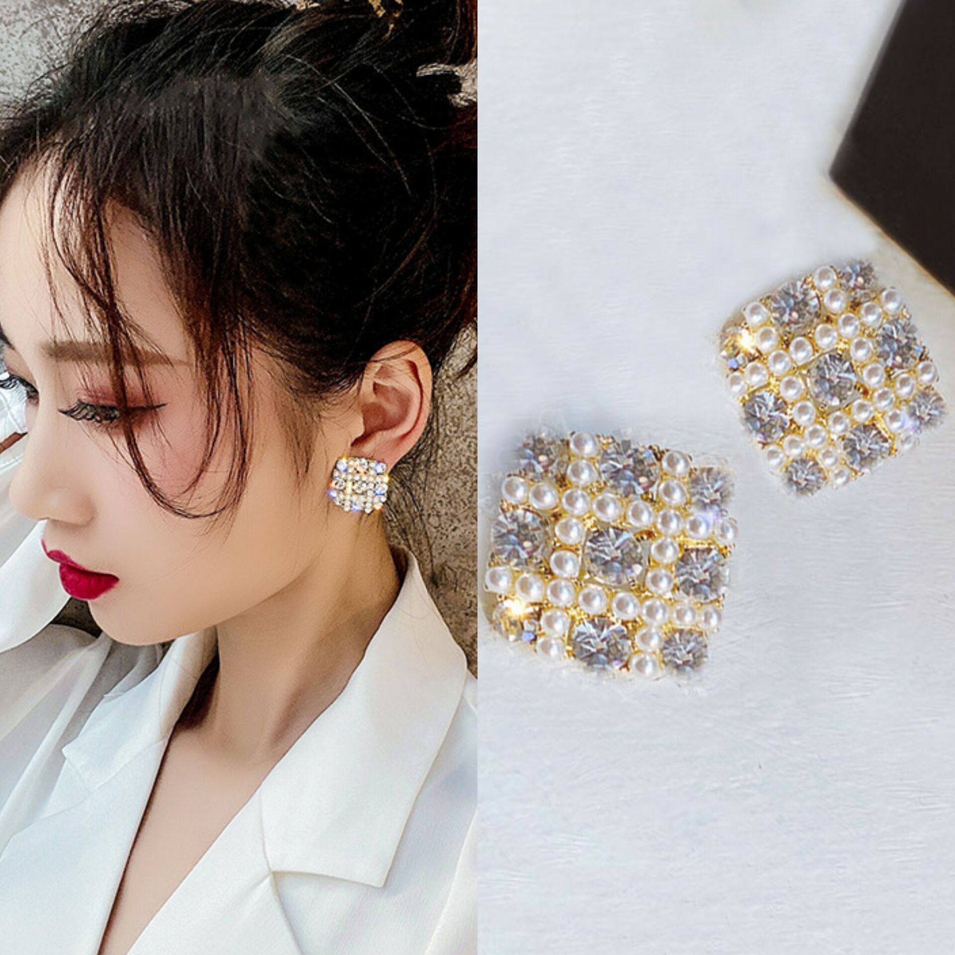 Picture of Whimsical Versatile -Simple Square Dangle Earrings for Women Full Rhinestone Earrings Korean Fashion Cute Jewelry- Avant-garde