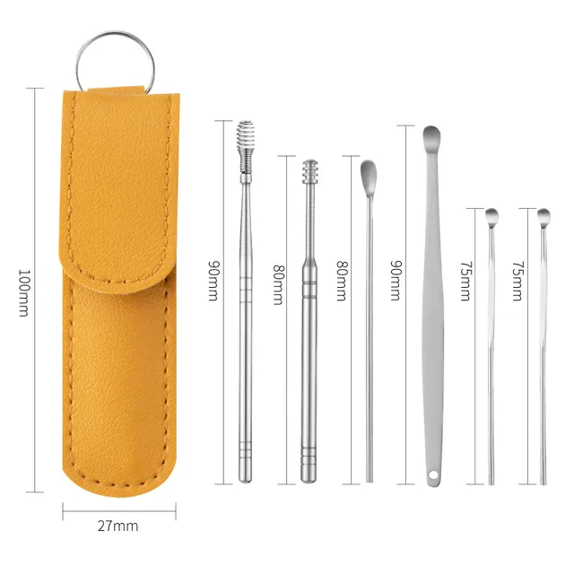 Picture of 6pcs Stainless Steel Ear Pick Cleaner Ear wax Remover with Storage Box Year Cleaner Set Leather Case With Stainless Steel