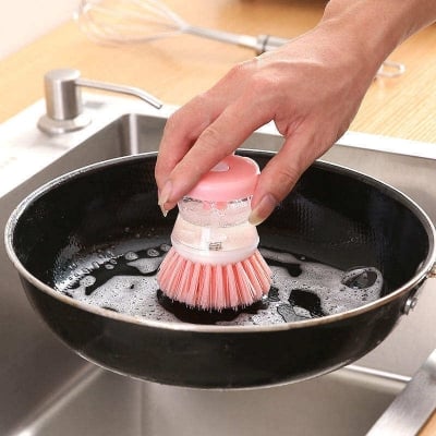 Picture of Multifunctional Kitchen Gadgets Scrub Brushes Small Dish Pot Cleaning Tool Liquid Soap Dispenser Plastic Cleaning Brush
