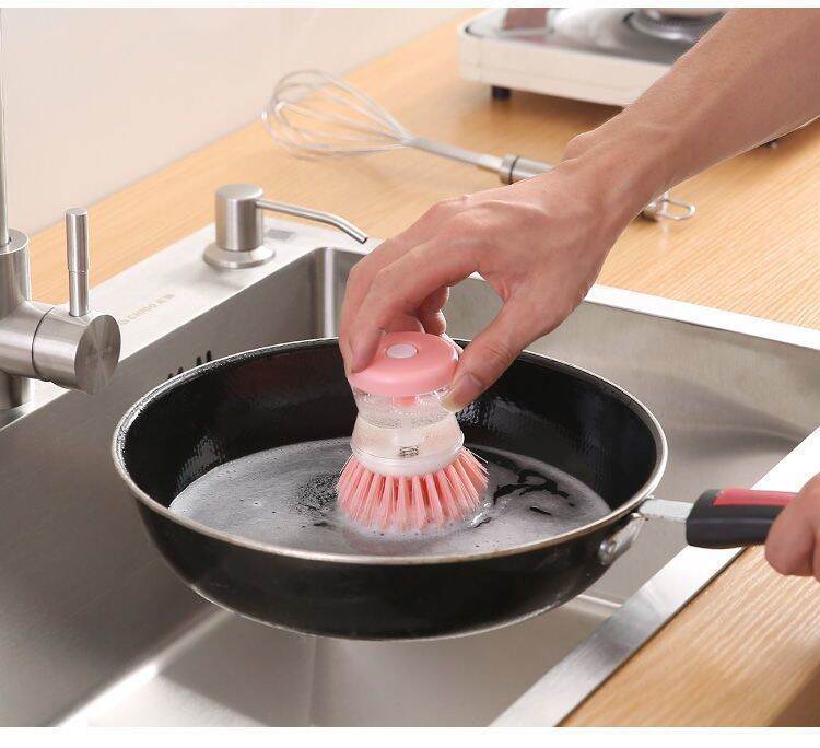 Picture of Multifunctional Kitchen Gadgets Scrub Brushes Small Dish Pot Cleaning Tool Liquid Soap Dispenser Plastic Cleaning Brush