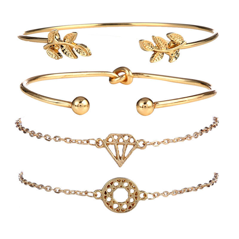 Picture of 4 Pcs Set Bohemian Leaves Knot Round Chain Cuff Gold Bracelet Set Fashion Jewelry for Women