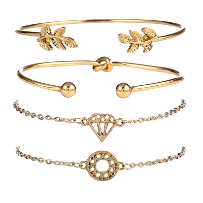 Picture of 4 Pcs Set Bohemian Leaves Knot Round Chain Cuff Gold Bracelet Set Fashion Jewelry for Women