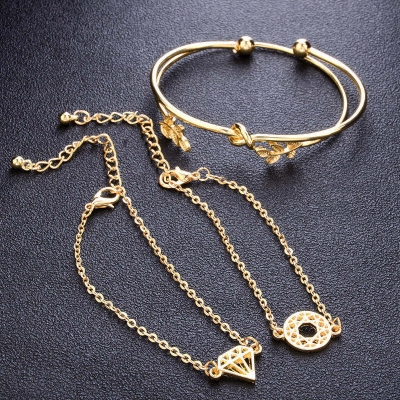 Picture of 4 Pcs Set Bohemian Leaves Knot Round Chain Cuff Gold Bracelet Set Fashion Jewelry for Women