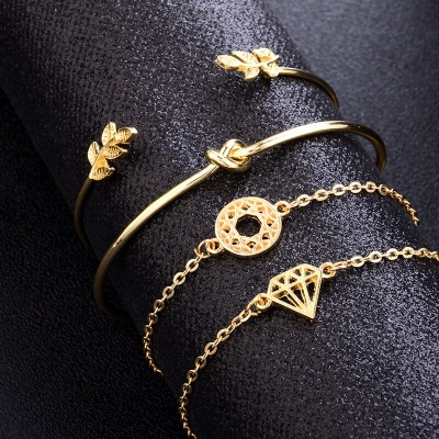 Picture of 4 Pcs Set Bohemian Leaves Knot Round Chain Cuff Gold Bracelet Set Fashion Jewelry for Women