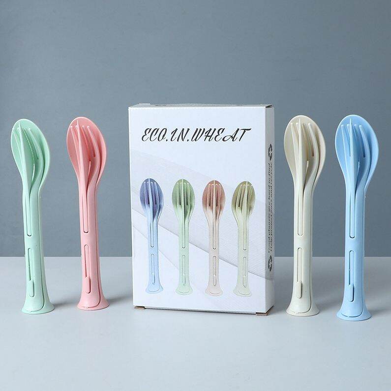 Picture of Three-in-one Environmentally Travel picnic Friendly Wheat Straw Tableware Sustainable Knife fork spoon three in one portable 1 set