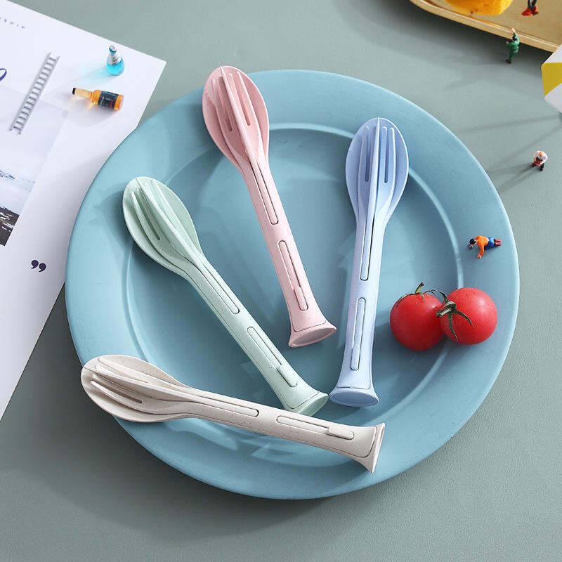 Picture of Three-in-one Environmentally Travel picnic Friendly Wheat Straw Tableware Sustainable Knife fork spoon three in one portable 1 set