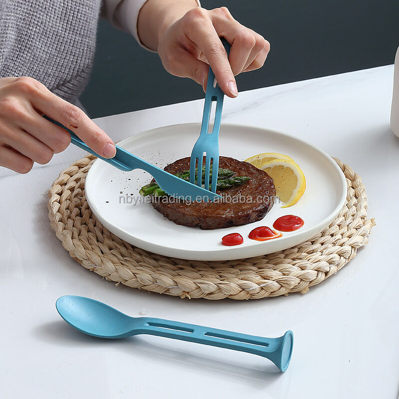 Picture of Three-in-one Environmentally Travel picnic Friendly Wheat Straw Tableware Sustainable Knife fork spoon three in one portable 1 set