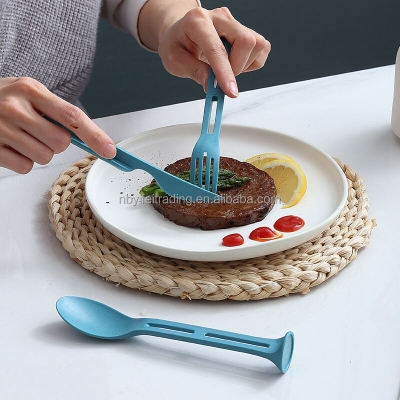 Picture of Three-in-one Environmentally Travel picnic Friendly Wheat Straw Tableware Sustainable Knife fork spoon three in one portable 1 set