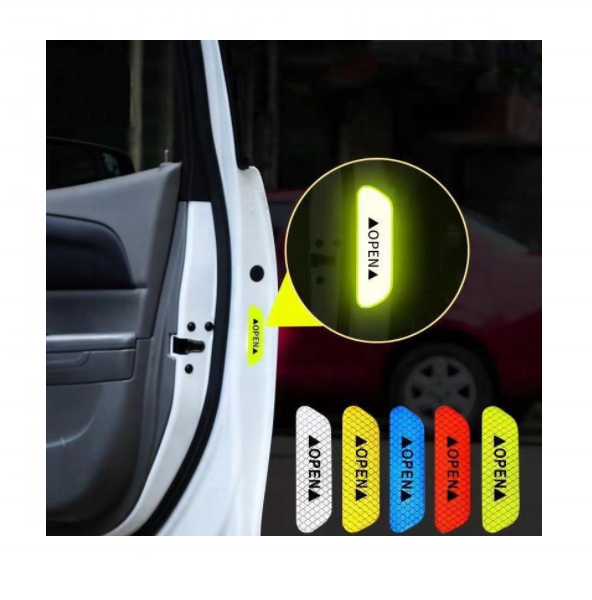 Picture of 4Pcs Set Car Door Stickers Universal Safety Warning Mark OPEN High Reflective  Door Open Reflective Sticker Car Open Safety Warning Decal Strip Reflective Stickers