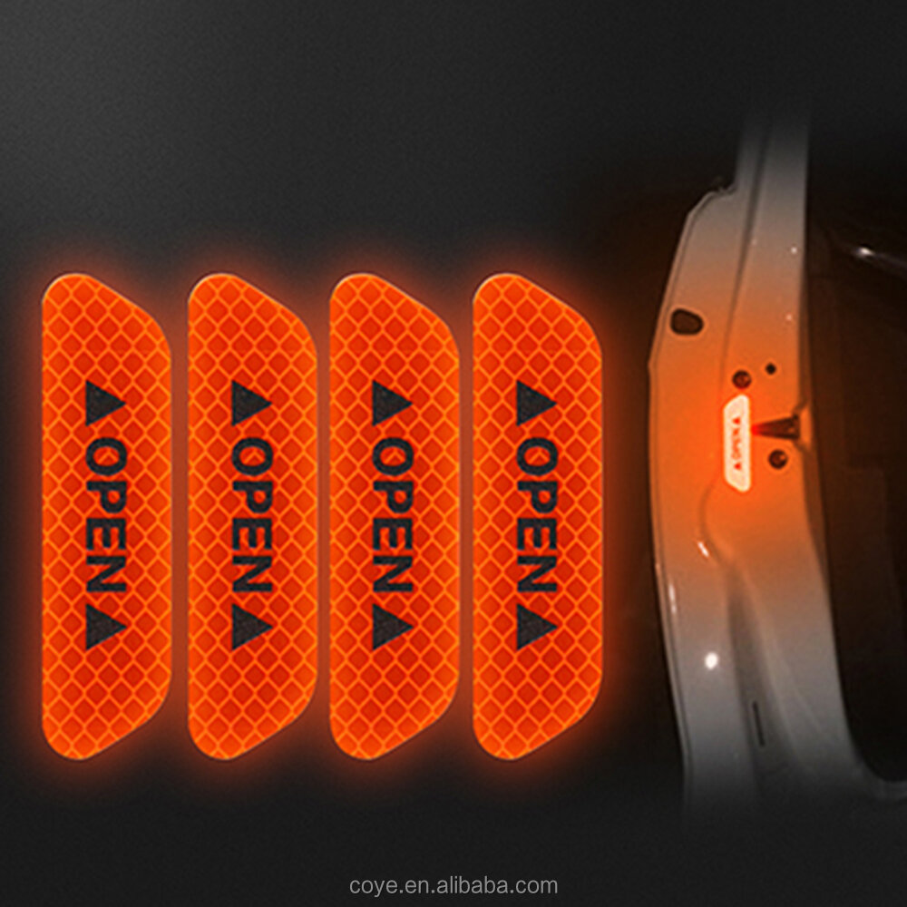 Picture of 4Pcs Set Car Door Stickers Universal Safety Warning Mark OPEN High Reflective  Door Open Reflective Sticker Car Open Safety Warning Decal Strip Reflective Stickers