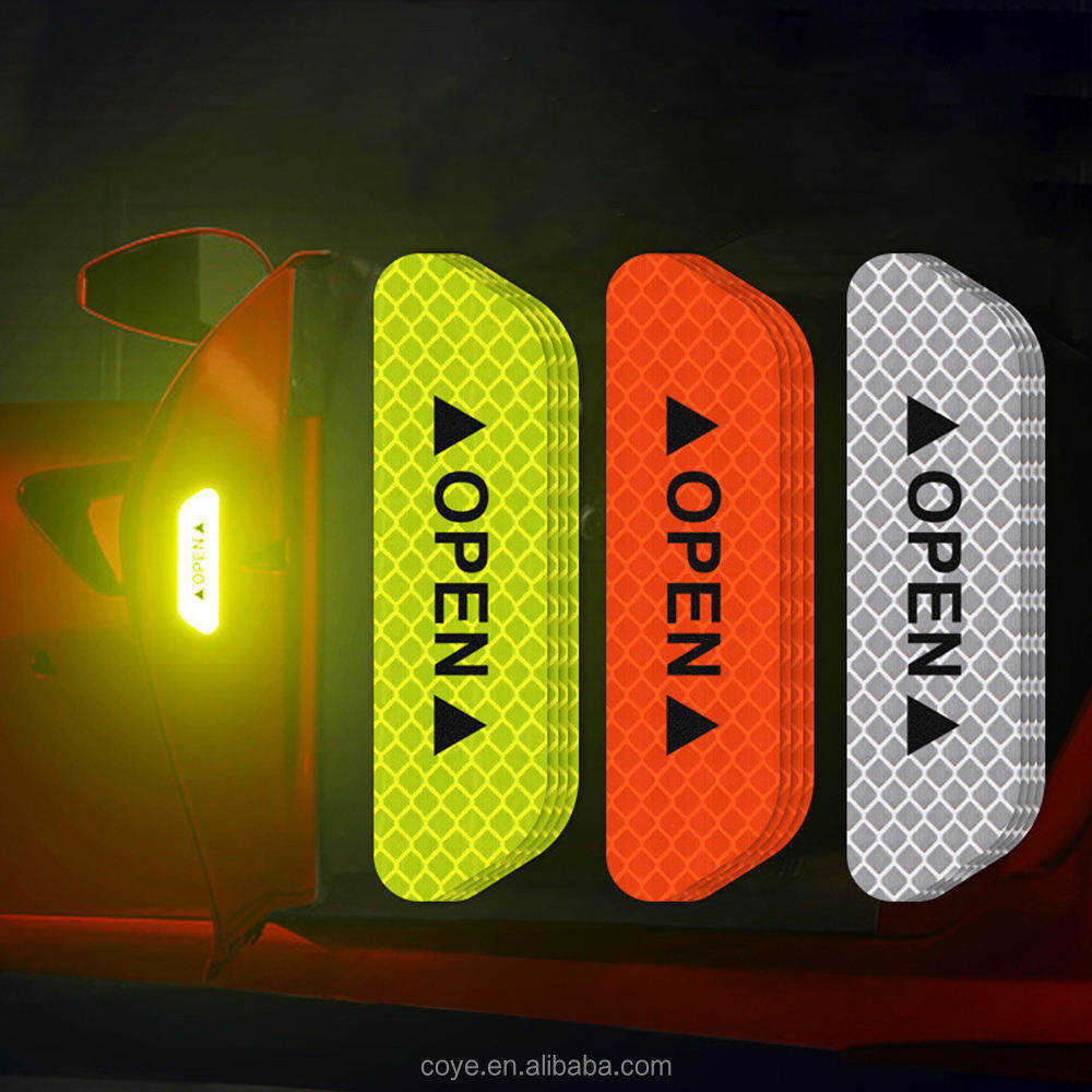 Picture of 4Pcs Set Car Door Stickers Universal Safety Warning Mark OPEN High Reflective  Door Open Reflective Sticker Car Open Safety Warning Decal Strip Reflective Stickers