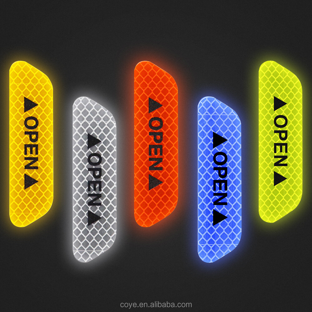 Picture of 4Pcs Set Car Door Stickers Universal Safety Warning Mark OPEN High Reflective  Door Open Reflective Sticker Car Open Safety Warning Decal Strip Reflective Stickers