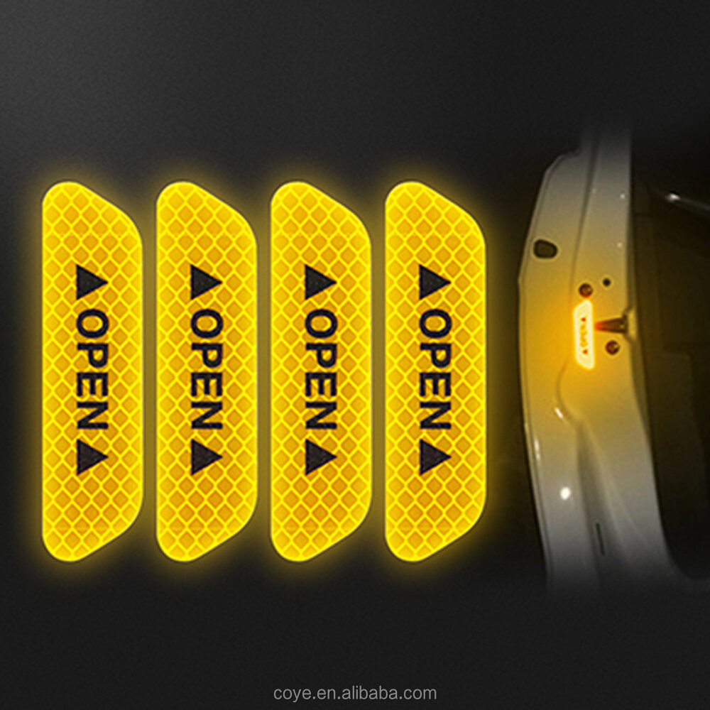 Picture of 4Pcs Set Car Door Stickers Universal Safety Warning Mark OPEN High Reflective  Door Open Reflective Sticker Car Open Safety Warning Decal Strip Reflective Stickers