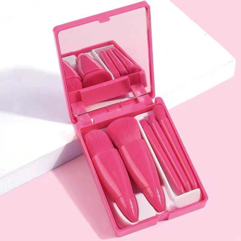 Picture of 5pc mini synthetic hair high quality travel brush set with mirror Travel Makeup Brush Set 5pcs Mini Complete Function Cosmetic Brushes Kit