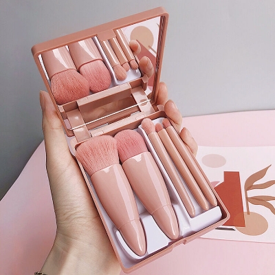 Picture of 5pc mini synthetic hair high quality travel brush set with mirror Travel Makeup Brush Set 5pcs Mini Complete Function Cosmetic Brushes Kit