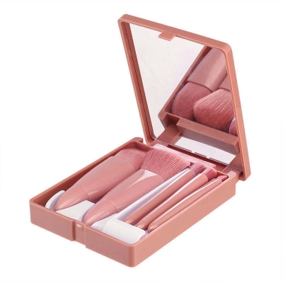 Picture of 5pc mini synthetic hair high quality travel brush set with mirror Travel Makeup Brush Set 5pcs Mini Complete Function Cosmetic Brushes Kit