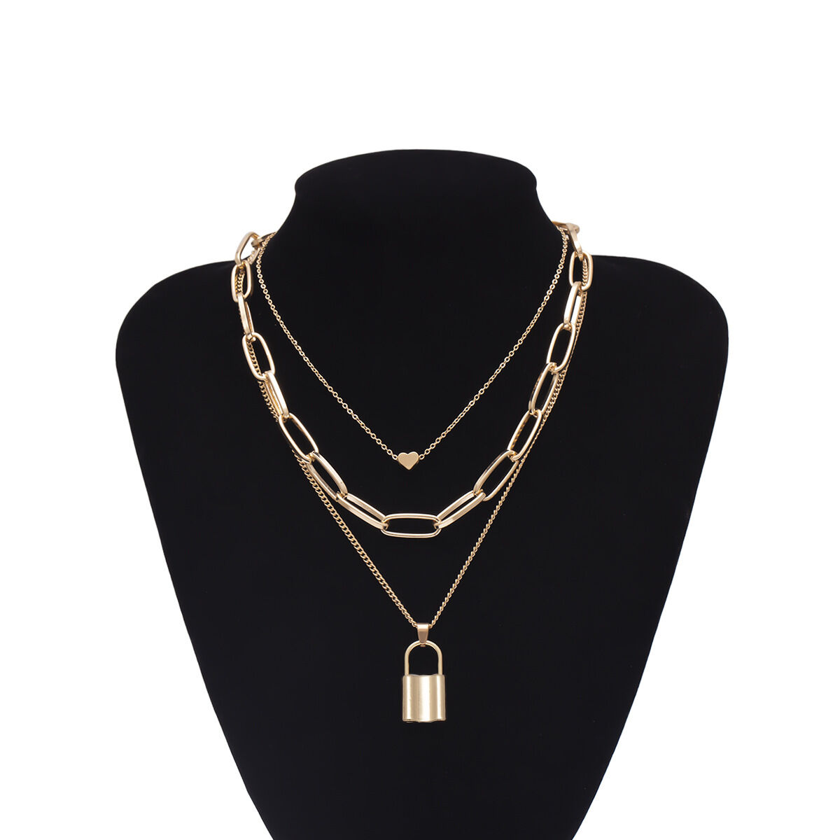 Picture of European Style Multi Layer Heart Shape Charm Necklace Gold Plated Chain Lock Pendant Necklace