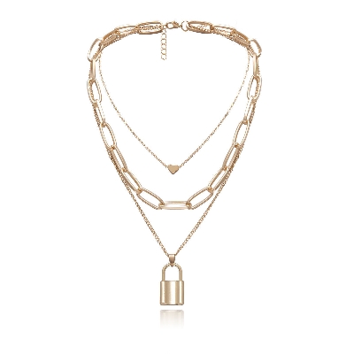 Picture of European Style Multi Layer Heart Shape Charm Necklace Gold Plated Chain Lock Pendant Necklace