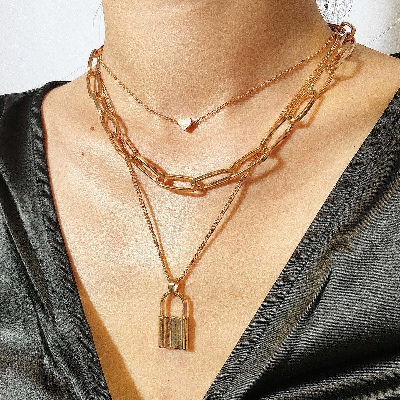 Picture of European Style Multi Layer Heart Shape Charm Necklace Gold Plated Chain Lock Pendant Necklace