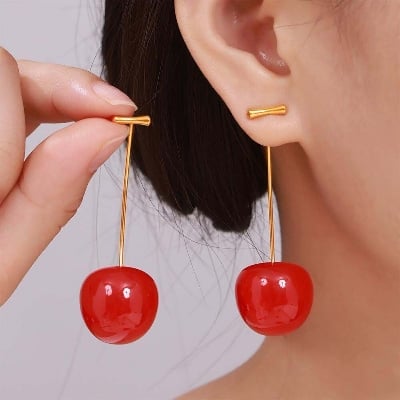 Picture of Chic New Stainless Steel Tarnish Free Resin Cherry Stud Earrings Long Fruit Earrings for Women