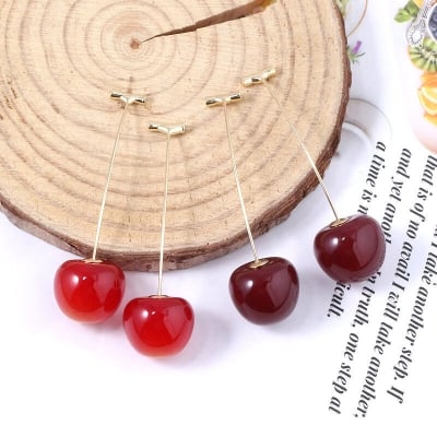 Picture of Chic New Stainless Steel Tarnish Free Resin Cherry Stud Earrings Long Fruit Earrings for Women