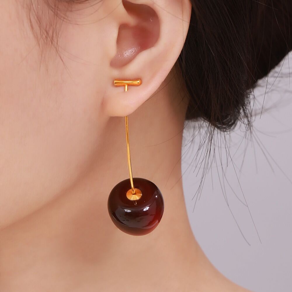 Picture of Chic New Stainless Steel Tarnish Free Resin Cherry Stud Earrings Long Fruit Earrings for Women