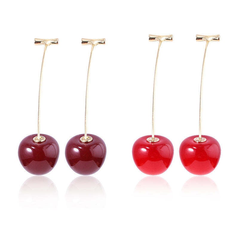 Picture of Chic New Stainless Steel Tarnish Free Resin Cherry Stud Earrings Long Fruit Earrings for Women