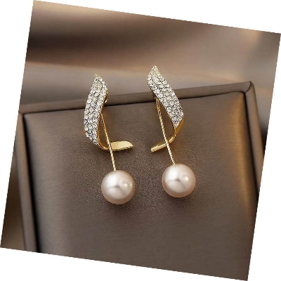 Picture of Rinhoo Trendy Zircon French Pearl Pendant Earrings Women's Elegant Minimalist Earrings Korean Fashion Jewelry Gold Ear Bijoux