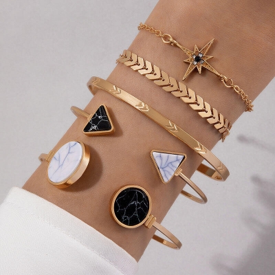 Picture of 5 Pcs SET New Punk Metal Marble Geometric Bracelet Set Women's Vintage Thick Chain Metal Charm Bangles Bracelet Trend Jewelry Gift
