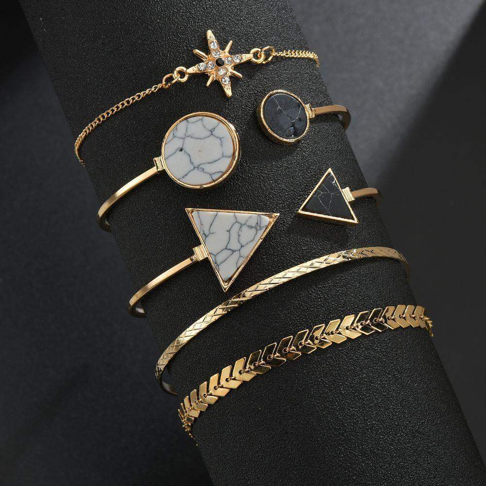 Picture of 5 Pcs SET New Punk Metal Marble Geometric Bracelet Set Women's Vintage Thick Chain Metal Charm Bangles Bracelet Trend Jewelry Gift
