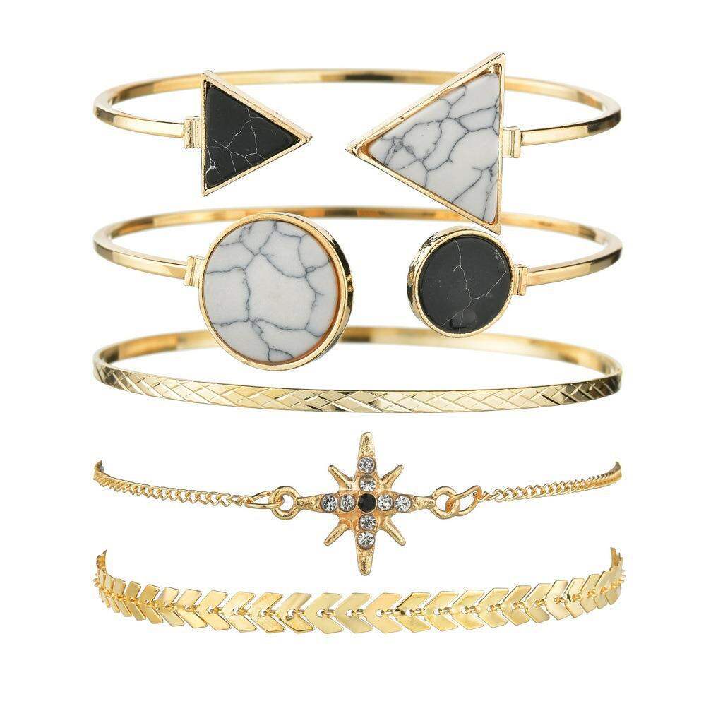Picture of 5 Pcs SET New Punk Metal Marble Geometric Bracelet Set Women's Vintage Thick Chain Metal Charm Bangles Bracelet Trend Jewelry Gift