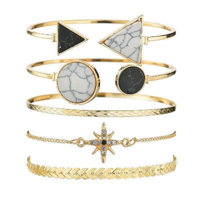 Picture of 5 Pcs SET New Punk Metal Marble Geometric Bracelet Set Women's Vintage Thick Chain Metal Charm Bangles Bracelet Trend Jewelry Gift