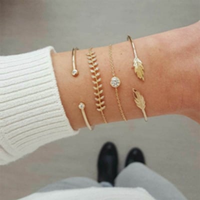 Picture of 4 Pcs VKME Vintage Geometric Crystal Bracelet Set for Women Arrow Feathers Leaves Moon Bohemian Bracelet Wholesale