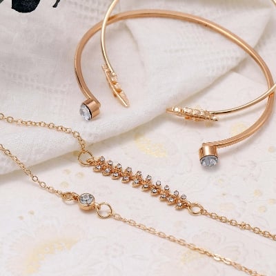Picture of 4 Pcs VKME Vintage Geometric Crystal Bracelet Set for Women Arrow Feathers Leaves Moon Bohemian Bracelet Wholesale