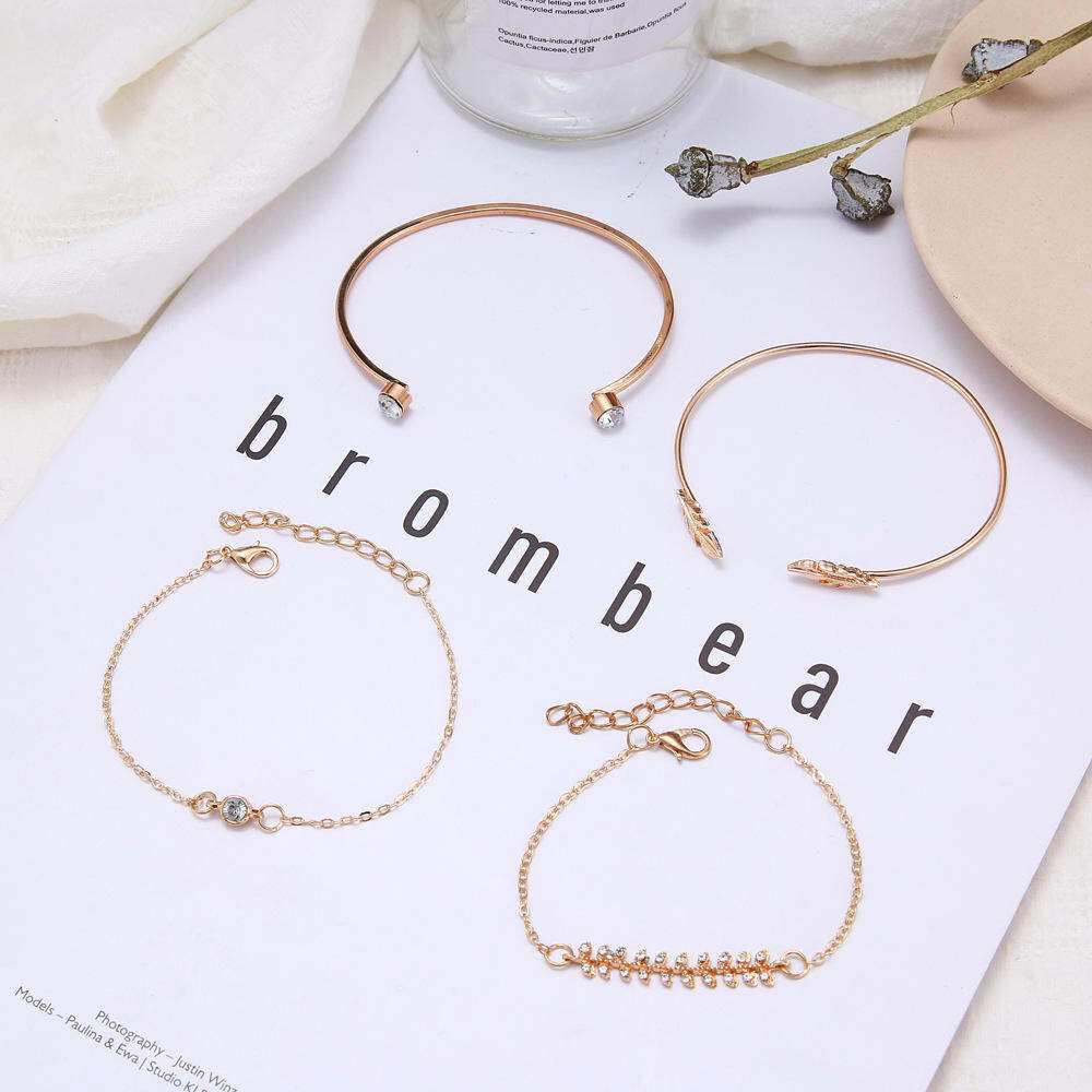Picture of 4 Pcs VKME Vintage Geometric Crystal Bracelet Set for Women Arrow Feathers Leaves Moon Bohemian Bracelet Wholesale